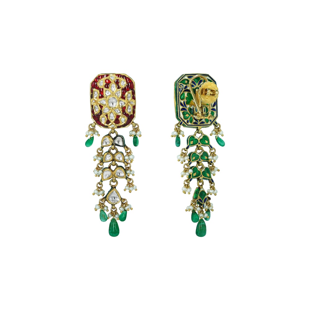 Rectangular Polki Earrings with Red Talaf, Emerald, and Pearl Drops